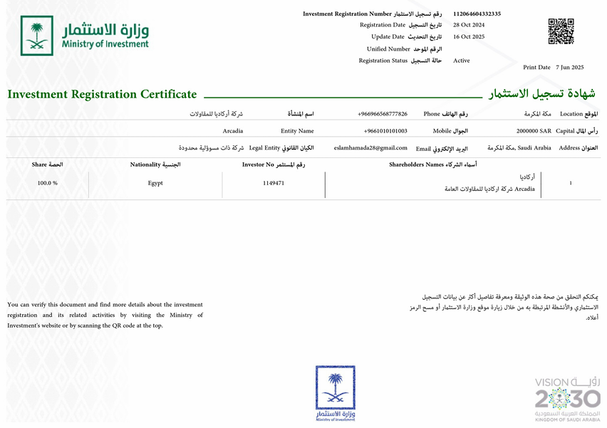 شهادة تسجيل الاستثمار