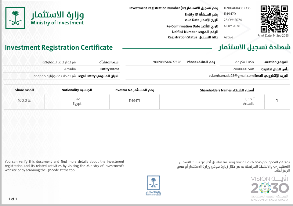 شهادة تسجيل الاستثمار - وزارة الاستثمار